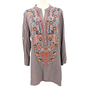 Solitaire Embroidered Boho Tunic Top M Rayon Taupe Floral Festival Henley Rayon